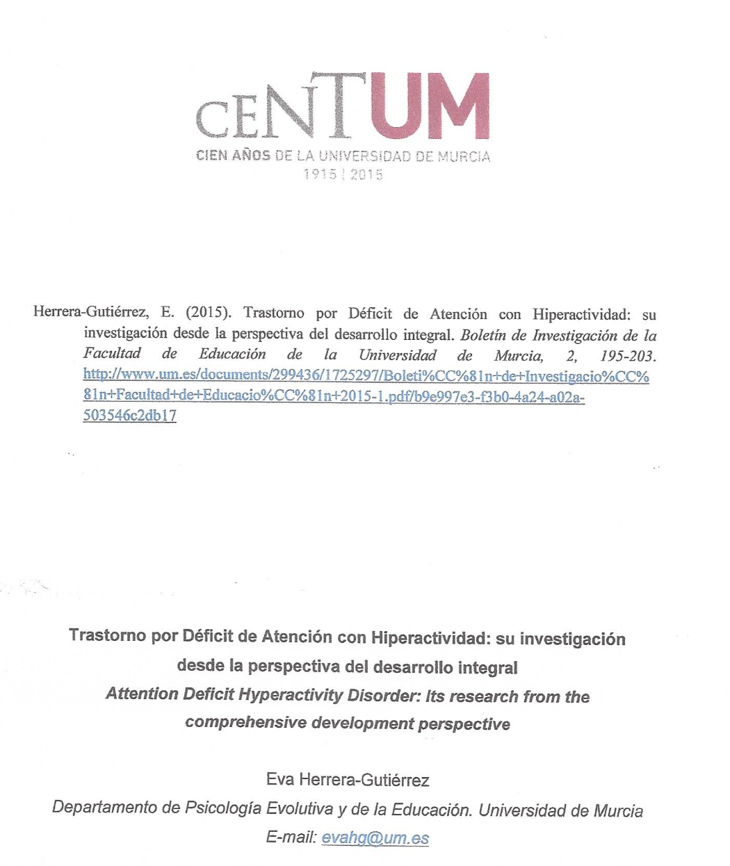 Publicación sobre TDAH
